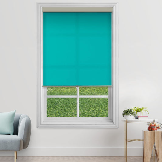 Cordless Spring Roller Semi Blackout Blinds 86 cm W x 213 cm L,Blue Waterproof Light Filtering UV Protection Room Darkening Privacy Pull Down Kids Safe Window Shades for Home Office-by Deco Window