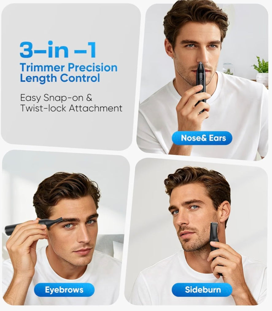 Nose Hair Trimmer for Men and Women 3-in-1, Rechargeable & Painless Dual-Edge Blades Nose Trimmer/Scissors, Ear & Eyebrow & Sideburn & Facial Hair Removal Kit with IPX7,120 Min Runtime,LED Display,USB