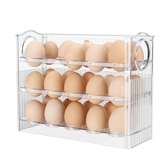 Flexzion Egg Holder for Fridge Door - 3 Layer Auto Flip Tray Egg Storage Container for Refrigerator - 30 Egg Capacity, Slim, Vertical, Clear with Freshness Tracker Egg Organizer Rack, White
