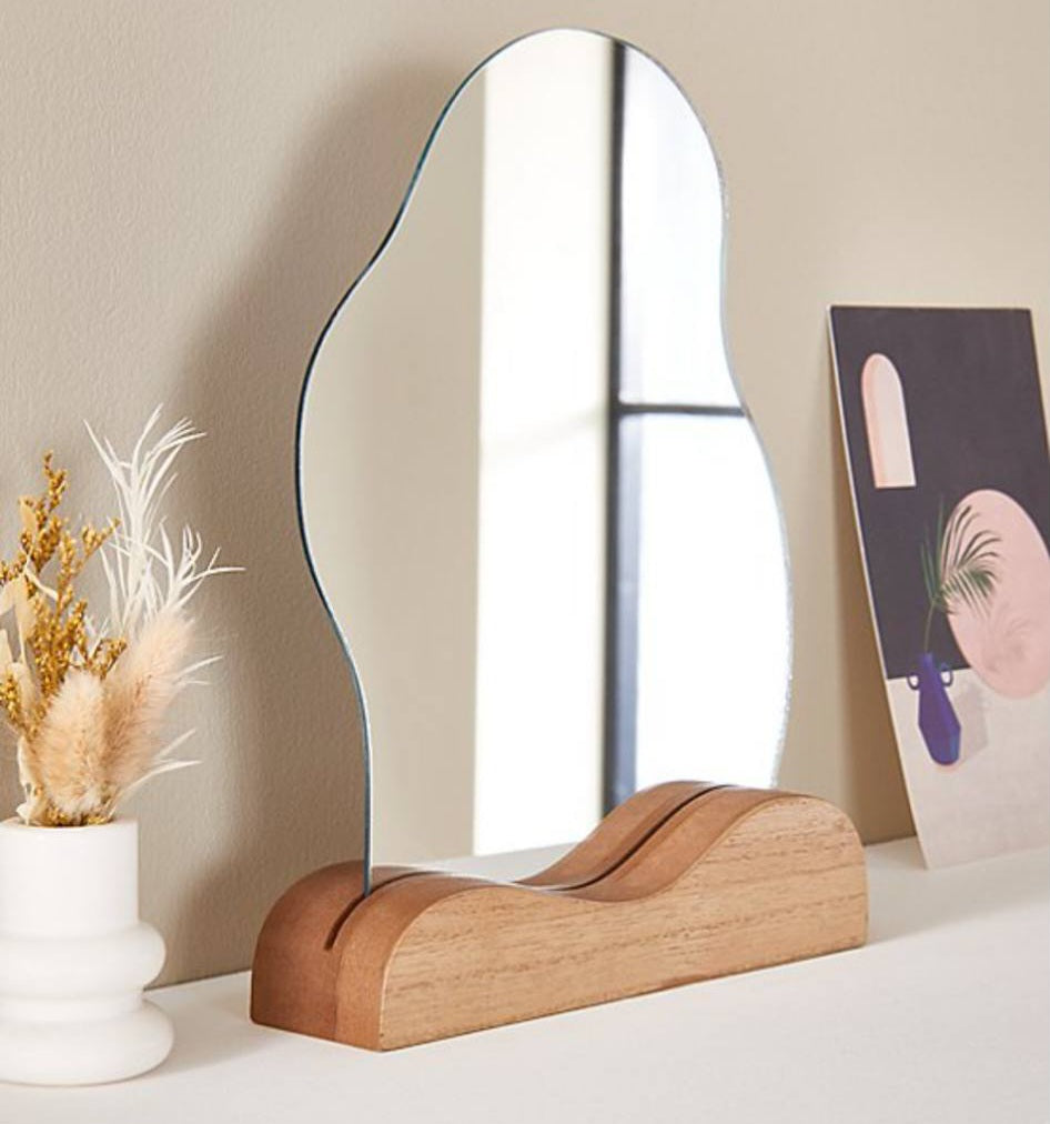 Pebble Fluid Mirror On Wood Base
