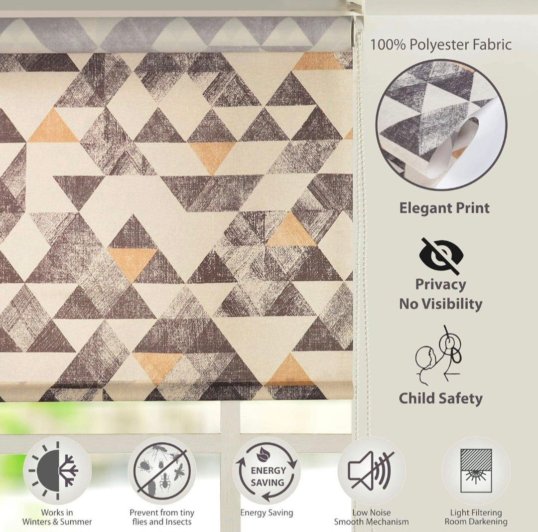 Corded Waterproof Semi-Blackout Printed Roller Blinds (150cm W X 213 cm L, Grey) Geometric Pattern Polyester Blend Waterproof Non Blackout UV Protection Easy Fit Window Shades for Home & Office-by Deco Window