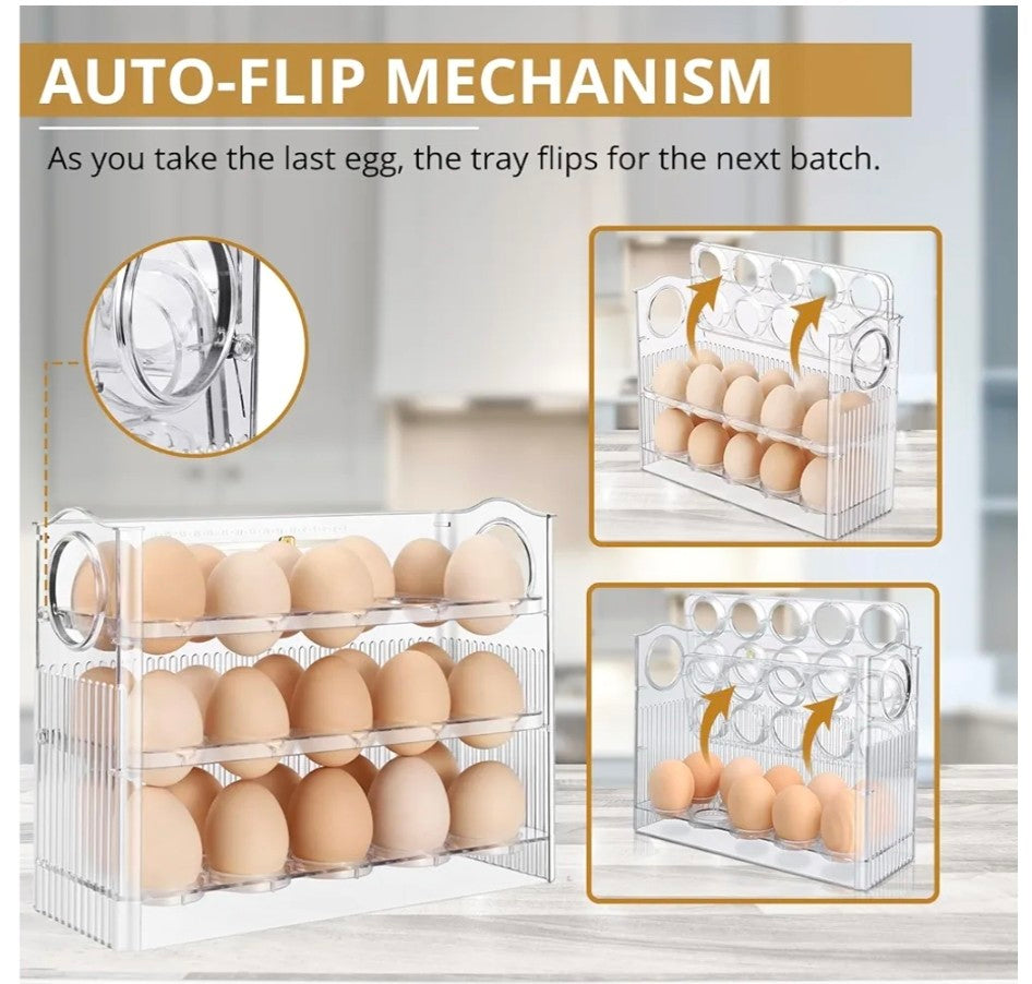 Flexzion Egg Holder for Fridge Door - 3 Layer Auto Flip Tray Egg Storage Container for Refrigerator - 30 Egg Capacity, Slim, Vertical, Clear with Freshness Tracker Egg Organizer Rack, White
