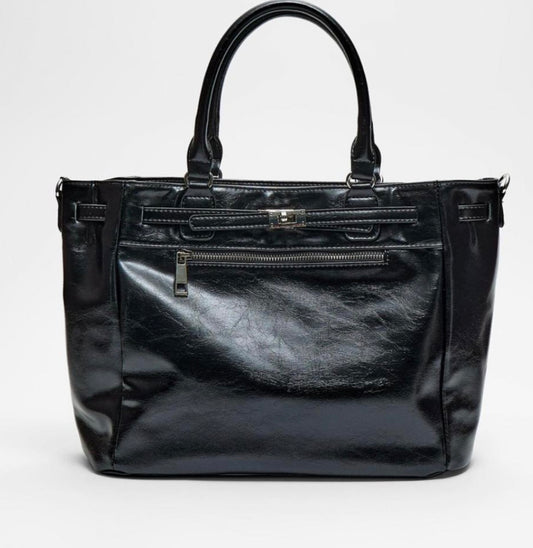 Stradivarius Buckle Tote Bag with Strap Black