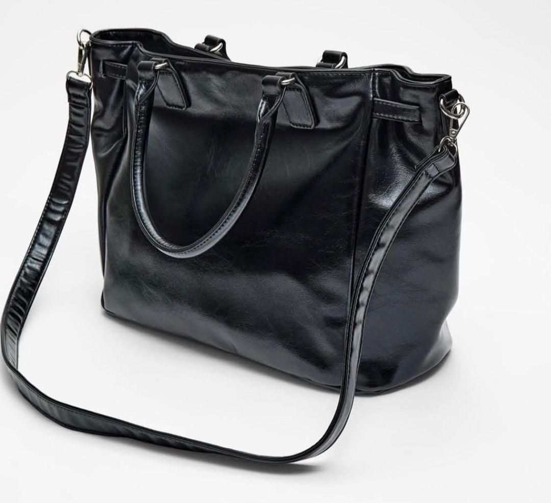 Stradivarius Buckle Tote Bag with Strap Black