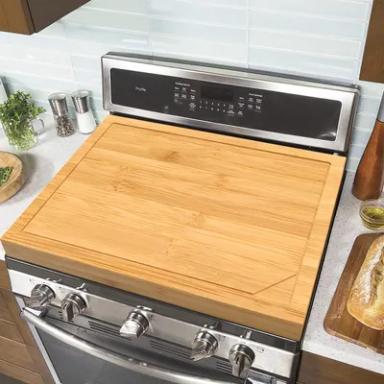 Bamboo Noodle Board Stove Cover with Handles,Wood Stove Top Covers Board for Gas Burner/Electric Stove, Bamboo Chopping Board with Juice Grooves | Wooden Kitchen Cutting Board/Serving Tray