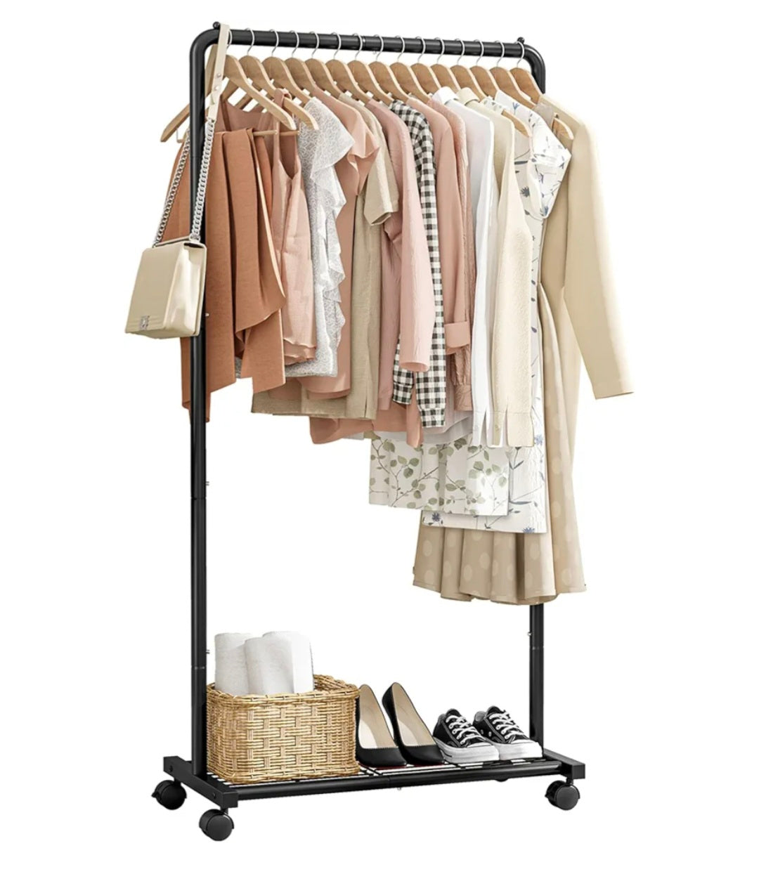 Sakugi Clothes Rail - Movable Clothes Rack with Bottom Shoes Shelf, Heavy-Duty Clothing Rail for Hanging Clothes, Coats, Dresses, Clothes Rail for Bedroom, Closet, Laundry (Black, 72x36x149cm)