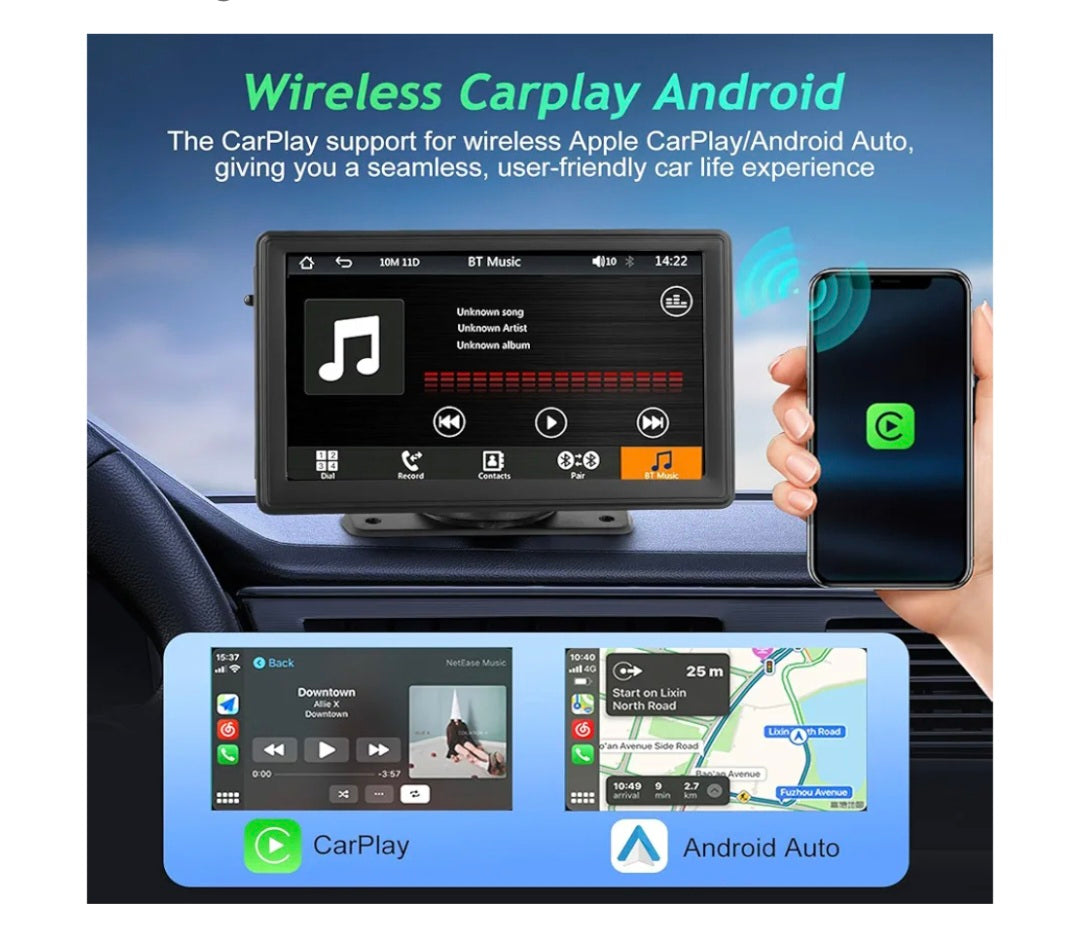 Wireless Apple CarPlay Android Auto Screen, Car Stereo 7" HD Touchscreen Car Play Screen, Portable Navigation Radio Vedio Player with Bluetooth WiFi, Live Navigation, Voice Control, Mirror Link