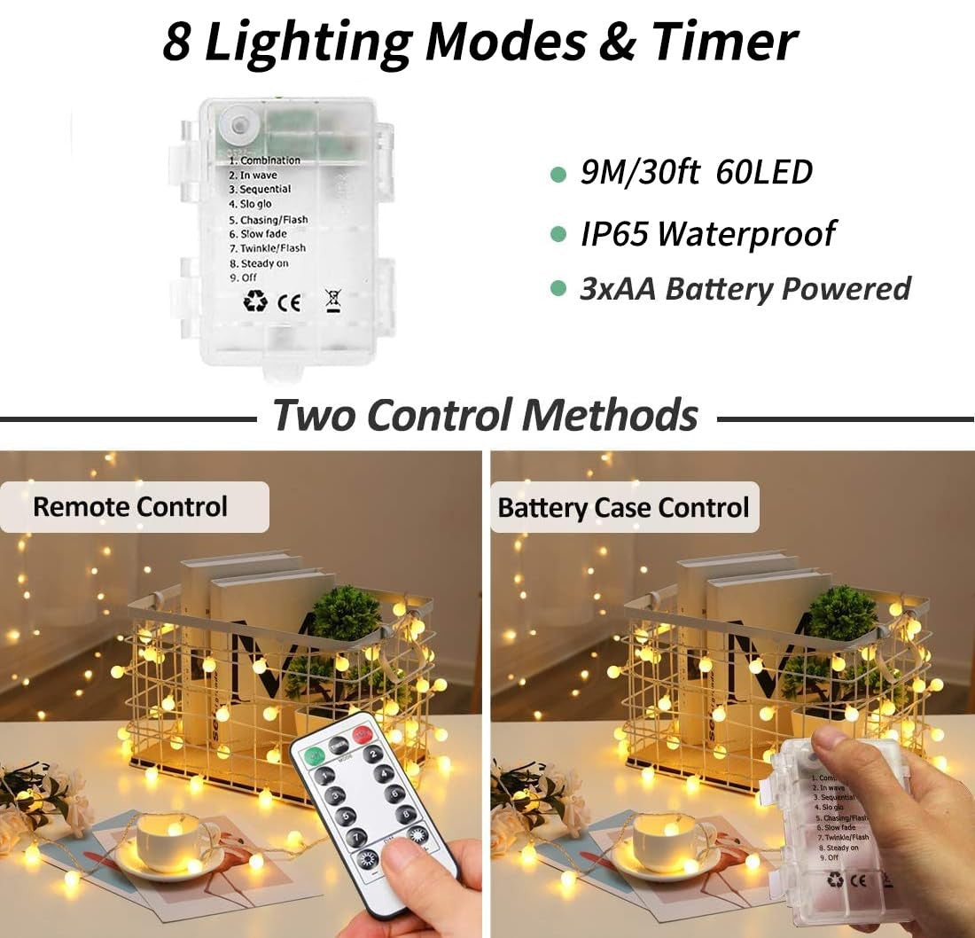 Battery Fairy Lights 60 LED 30ft Waterproof String Lights 8 Modes Indoor Outdoor Christmas Decorations - Warm White