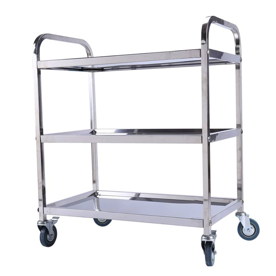 3-Tier Stainless Steel Rolling Service Trolley with Brake, Durable 201 Stainless Steel,Assembly for Kitchen, Restaurant, or Home Use, Metal Rolling Storage Cart