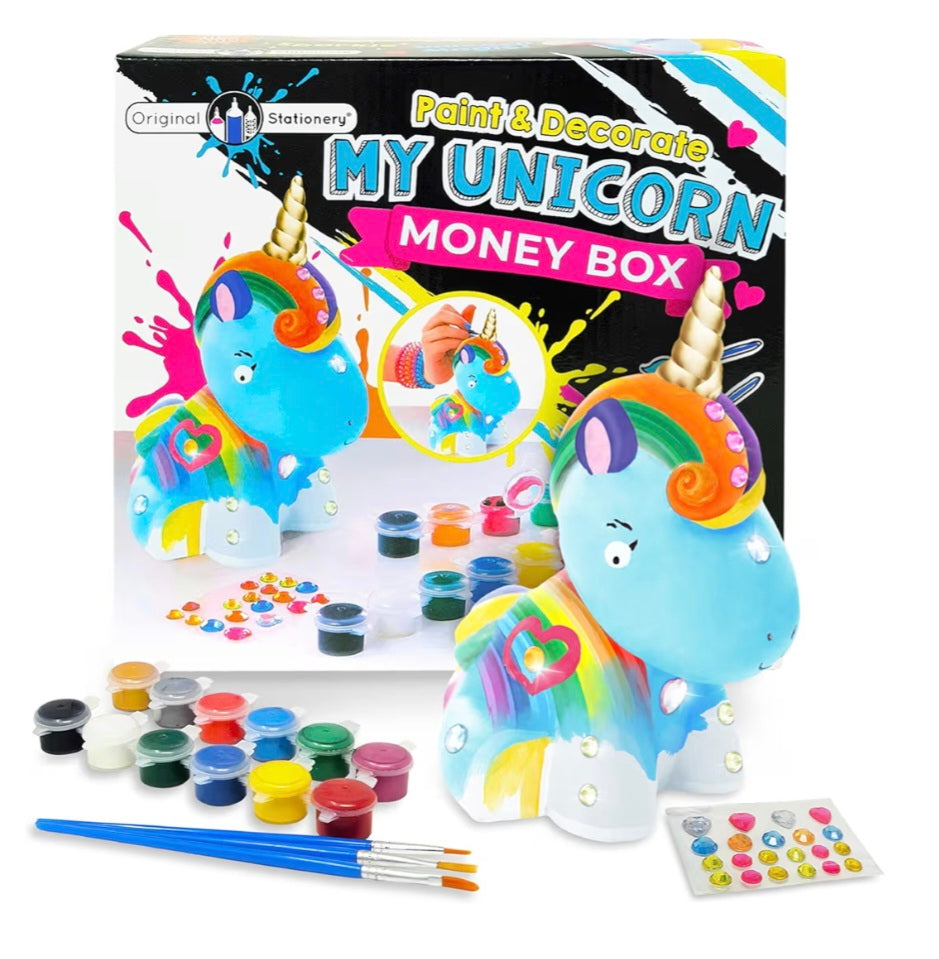 Original Stationery Decorate And Paint Your Own Unicorn Money Box, Creative Kids Paint Set for Girls With 21 Gems, 12 Non-Toxic Colours