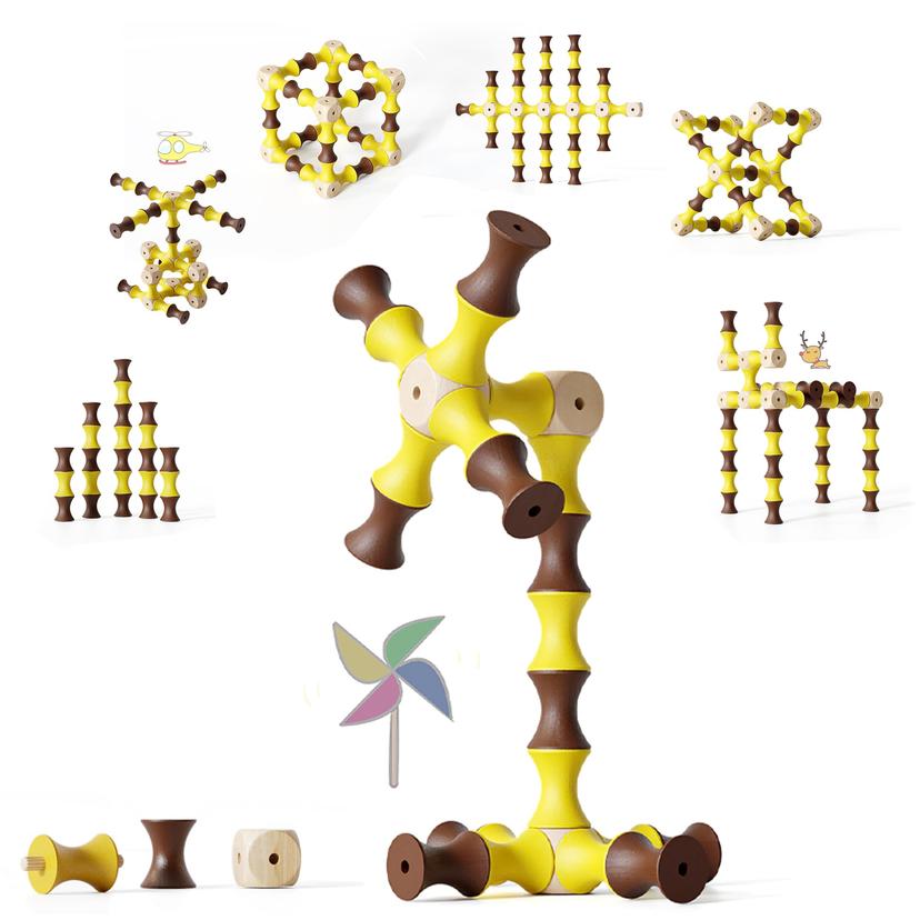 Toddler Wooden Building Blocks, 60pcs Educational Toy with Storage Bag