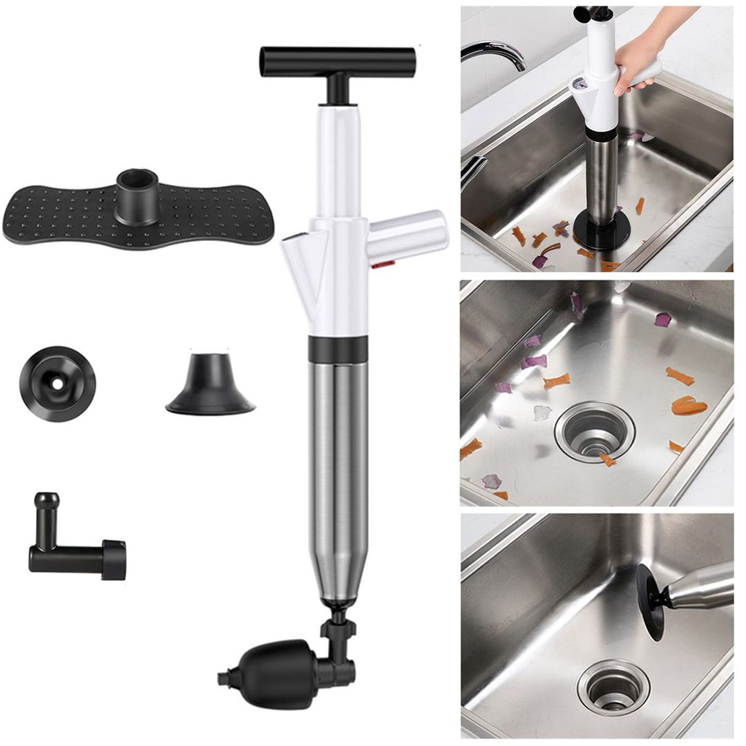5-in-1 High-Pressure Plunger Toilet & Drain Unblocker with Air Spiral – White