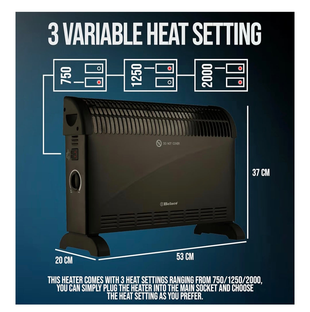 Belaco 2000W Electric Portable Convector Heater 3 adjustable heat settings fast heating space heater Manual Thermostat BS plug (Black)