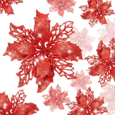 KAHEIGN 36Pcs Christmas Poinsettia Flowers, Red Glitter Artificial Poinsettia Flowers Christmas Tree Ornaments for Wedding Christmas Wreath Home Party Decor (3 Size)