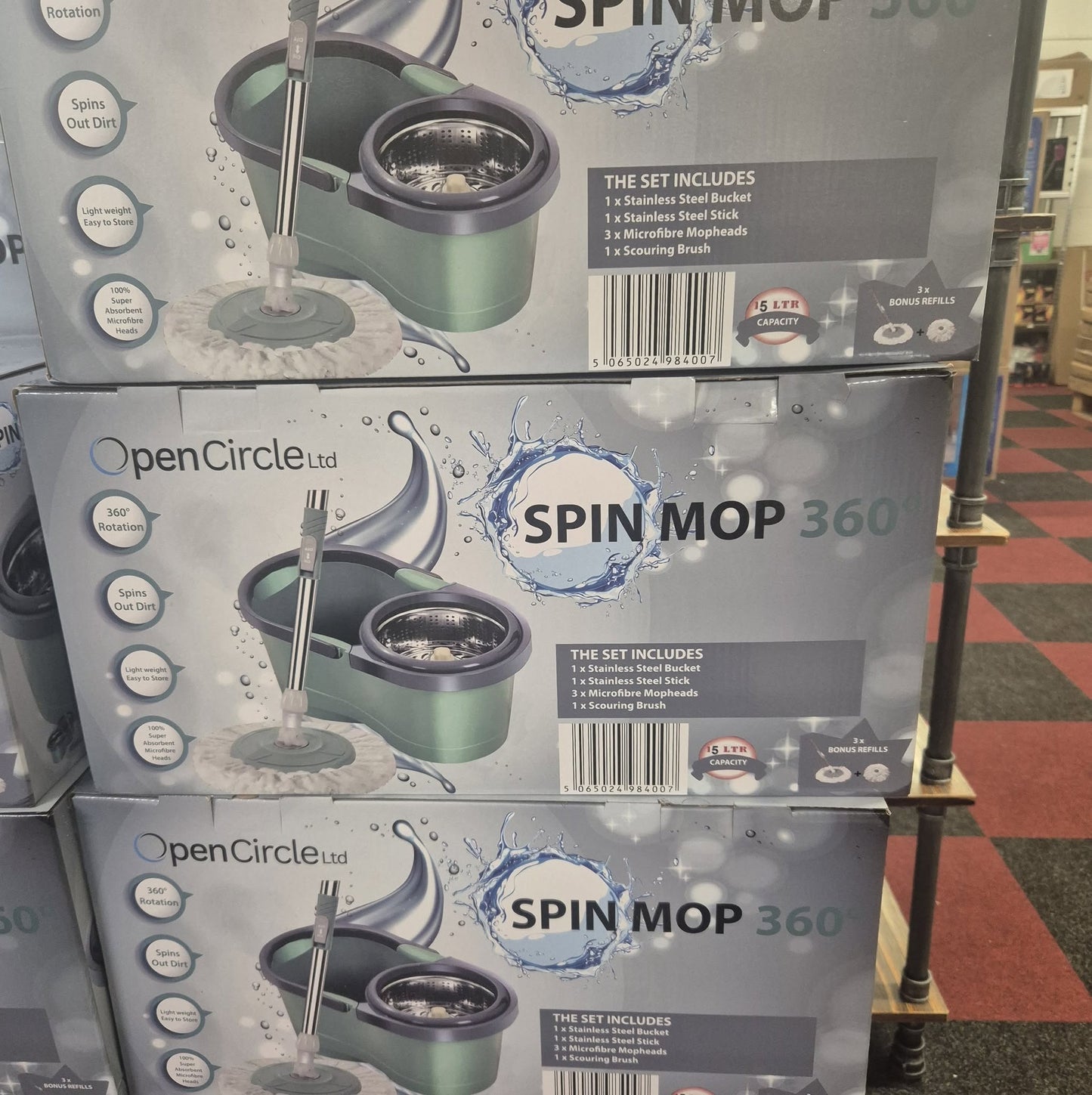 Spin Mop Set with Bucket, 3 heads, stick & scouring brush