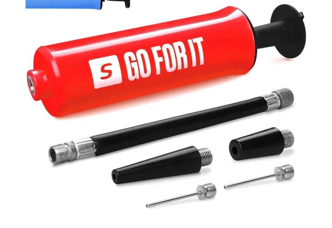 SPORTBIT Ballpump for Sports Balls - Basketball Pump for Sport Balls - Football & Soccer, Basketball, Volleyball Pump, Swim Inflatables - Hand Air Pump with 3 Needles, Nozzle, Extension Hose, Pouch