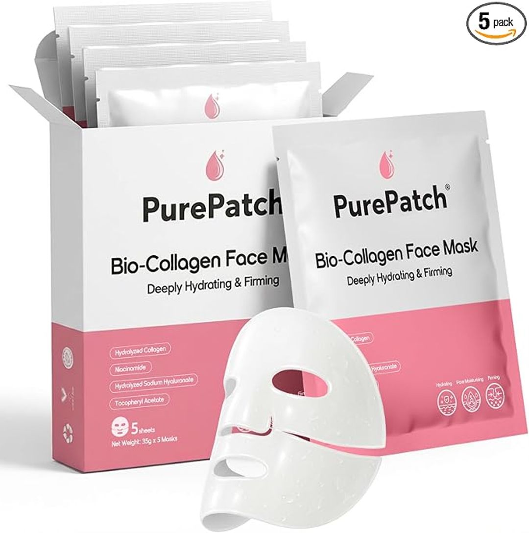 Bio-Collagen Face Mask (5 Pack) By PurePatch – Deep Hydration & Firming Sheet Mask with Niacinamide, Hyaluronic Acid & Vitamin E – For Glowing, Smooth & Radiant Skin