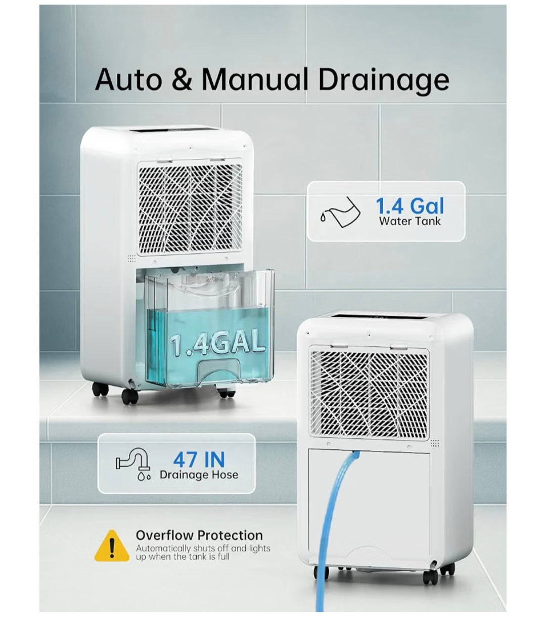 HUMSURE Dehumidifier For Basements, 30L/Day Large Dehumidifier with Drainage Hose, 5.3L Water Tank, 24 Hour Timer, Automatic Defrosting & Child Lock