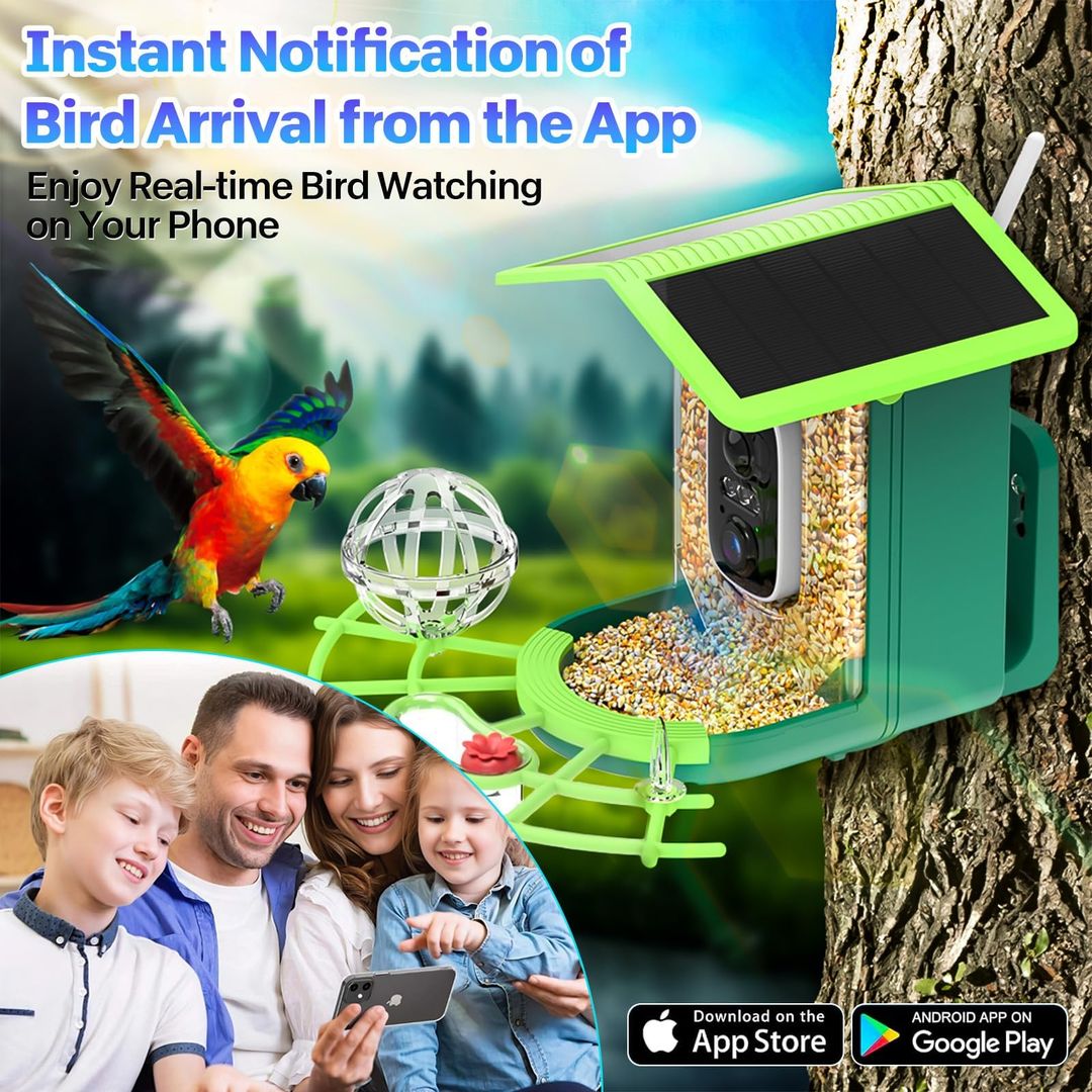 Bird Feeder Camera Solar-Powered AI ID 2.5K UHD Auto-Capture Waterproof - Green