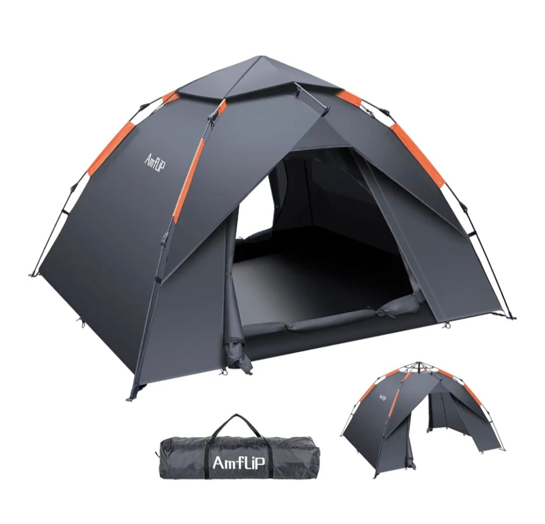 Camping Tent Automatic 2-3 Man Person Instant Tent Pop Up Ultralight Dome Tent 4 Seasons Waterproof & Windproof Camping Tent with Removable Outer Tarpaulin, Double Layers Grey