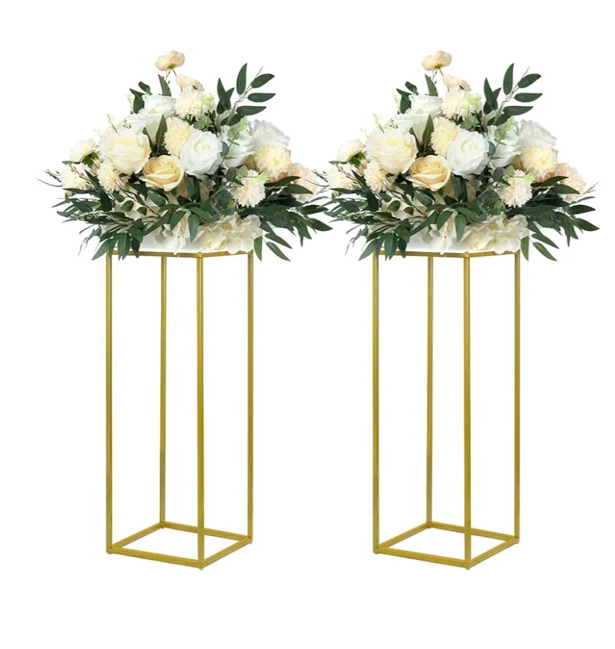 YALLOVE 2Pack 60cm Gold Wedding Flower Stand Metal Vase Column Stand Geometric Centerpiece Vase for Home Party Wedding Decorations, Rectangular Flower Display Rack