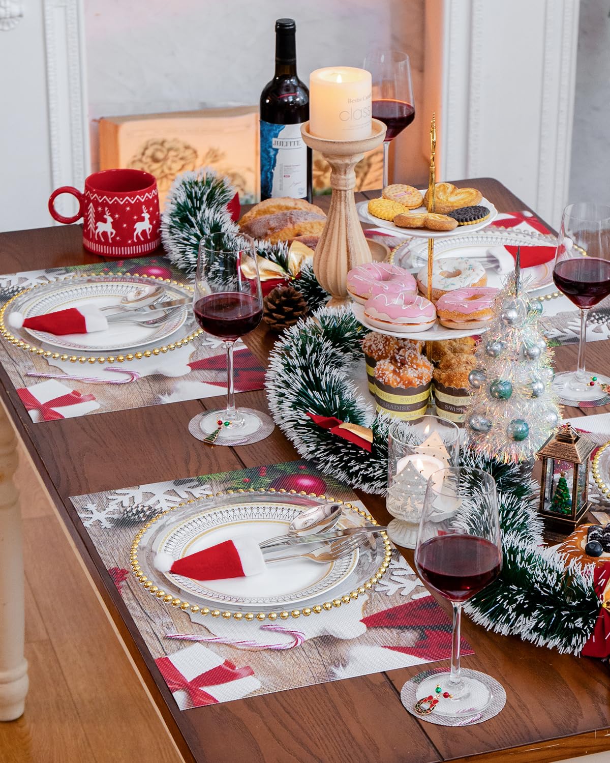 16 IN 1 Premium Christmas Placemats Sets, Coasters, Wine Glass Charms, Cutlery Holders