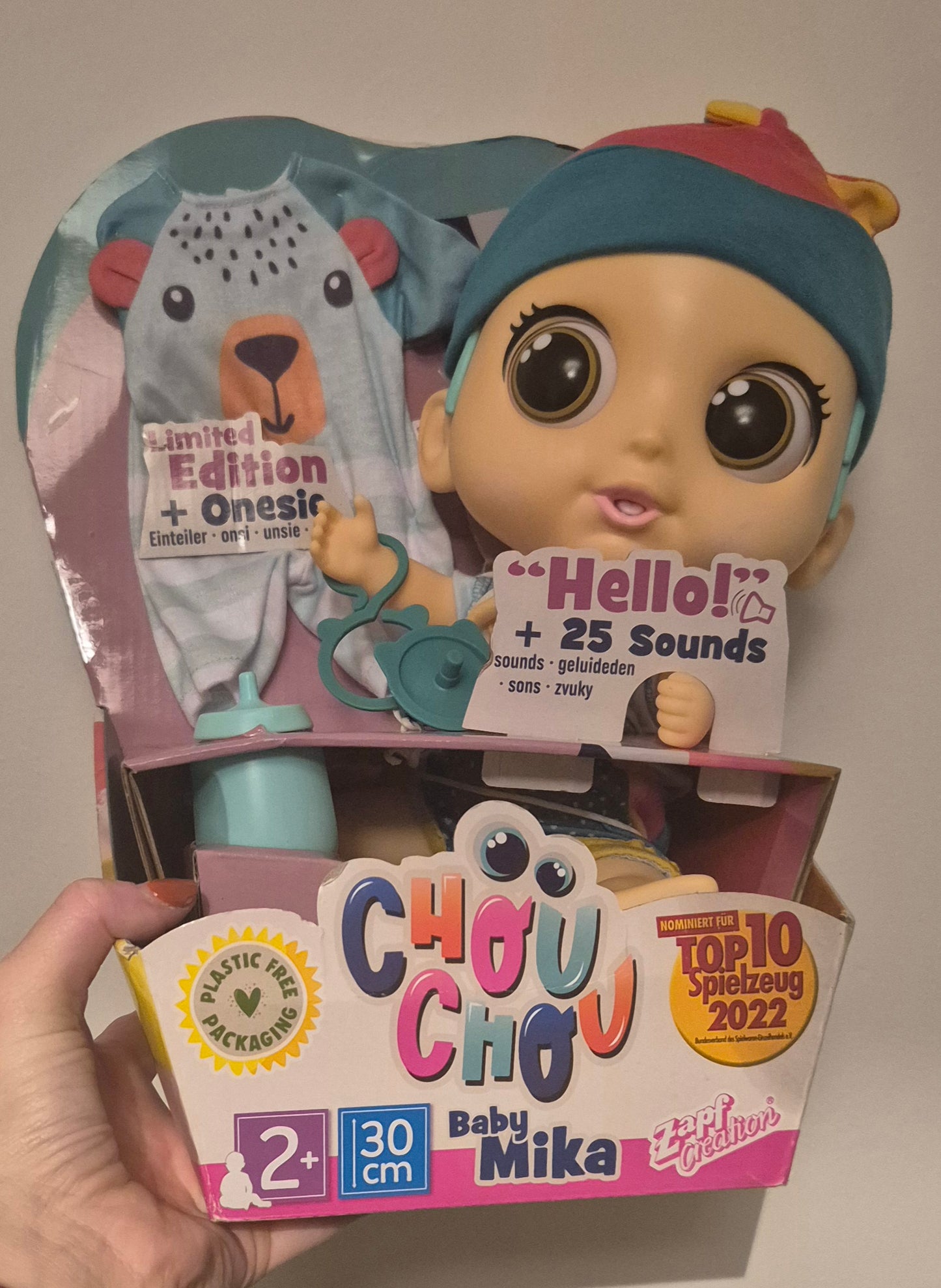 Zapf Creation Chou Chou Baby Mika, Blue Hair 905579 - 30cm Dolls with Movable Eyes with 25 Sound Effects For Toddlers - Extra Romper, Hat, Bottle & Dummy