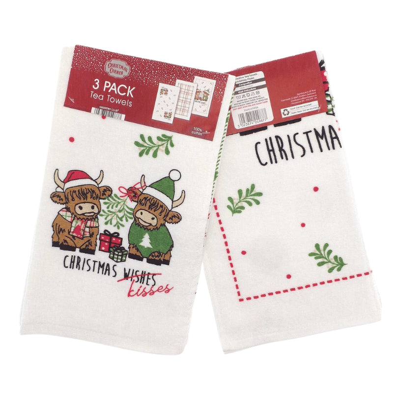 Christmas Kisses Highland Cow Design 100% Cotton 3 Pack Velour Tea Towels