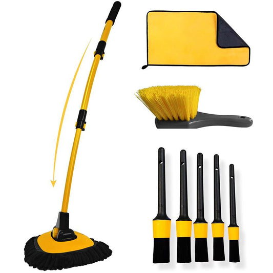 8PCS Car Wash Kit, Extendable Car Wash Brush Mop with Long Handle, 5pcs Detailing Brushrs, 1pc Wheel Tire Brush and Microfiber Towel Car Cleaning Kit, Yellow