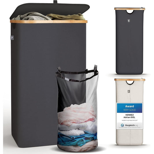 100L Bamboo Laundry Hamper with Lid & Removable Bag