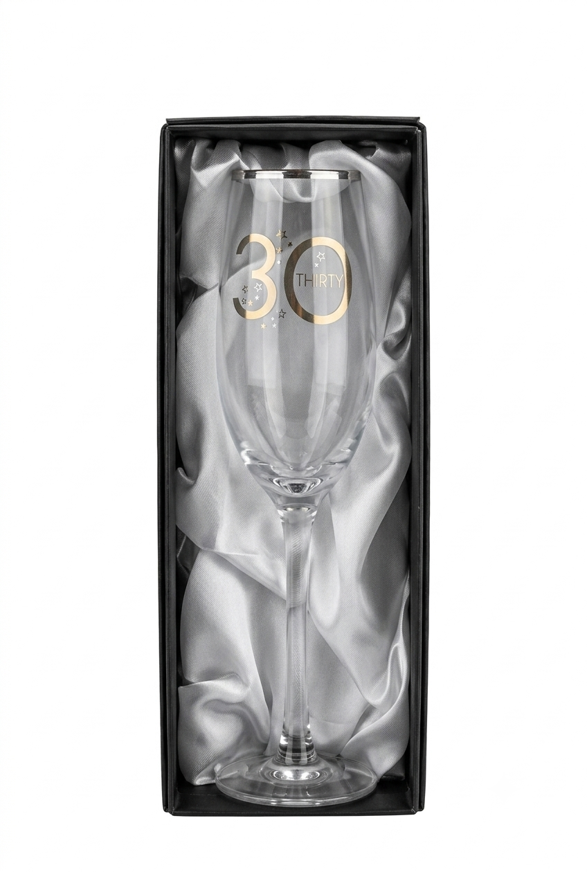 Birthday Champagne Flute Glass with Silver Detail In Gift Box- 30