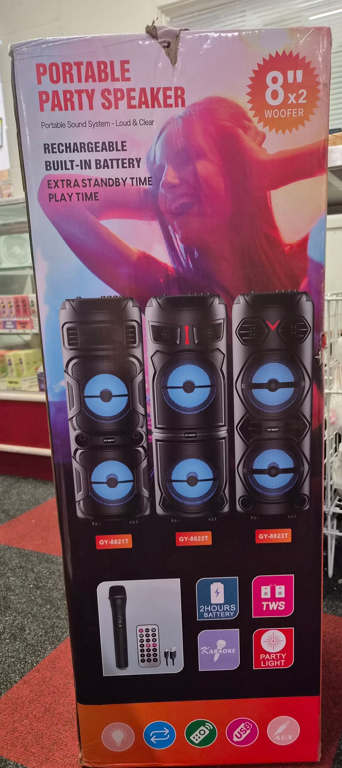 XL Portable Party Speaker LED with wheels, mic & Remote Control