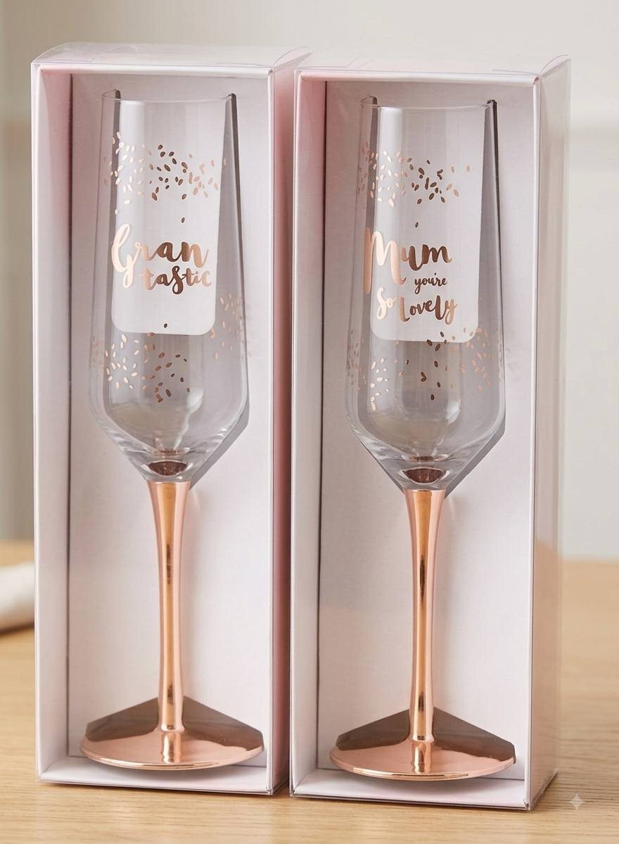 Champaign Flute With Rose Gold Stem With Rose Gold Writing Mum/Gran