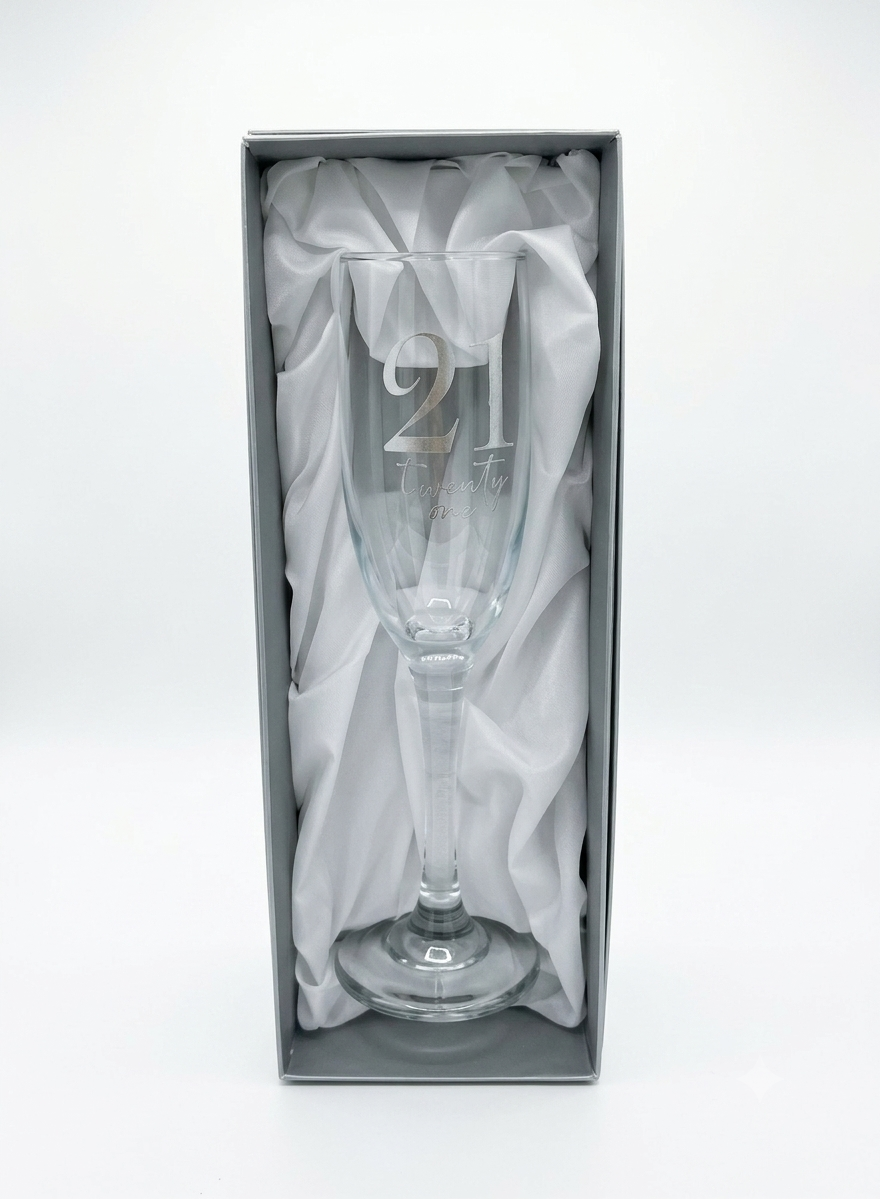 Birthday Champagne Flute Glass with Silver Detail In Luxury Gift Box- 21