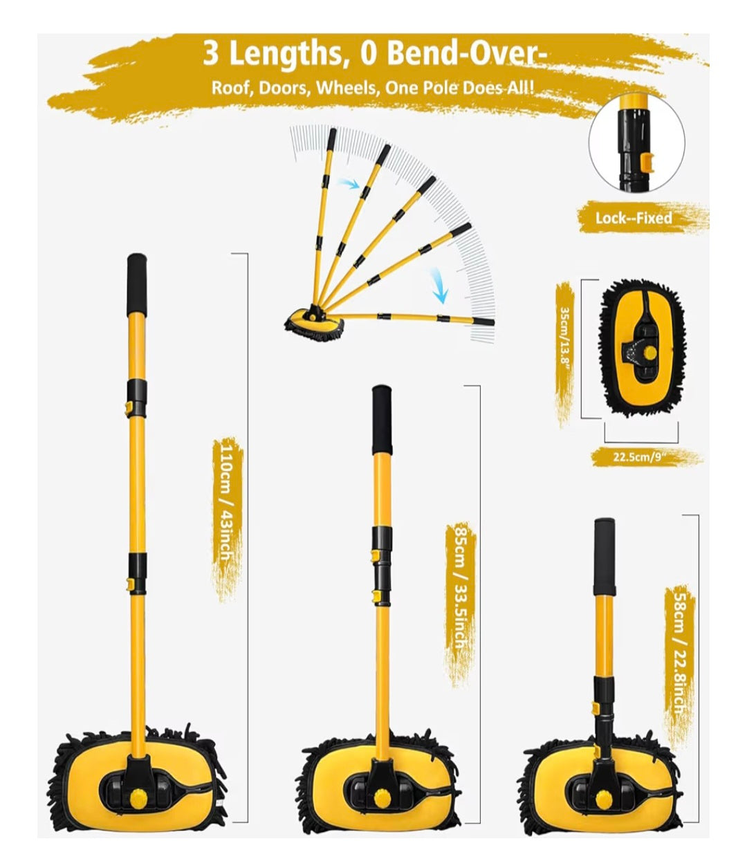 8PCS Car Wash Kit, Extendable Car Wash Brush Mop with Long Handle, 5pcs Detailing Brushrs, 1pc Wheel Tire Brush and Microfiber Towel Car Cleaning Kit, Yellow