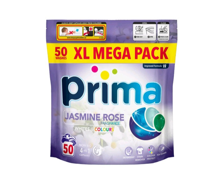Prima 4-in-1 Non-Bio Laundry Tabs - Jasmine Rose - XL - 50 Pods