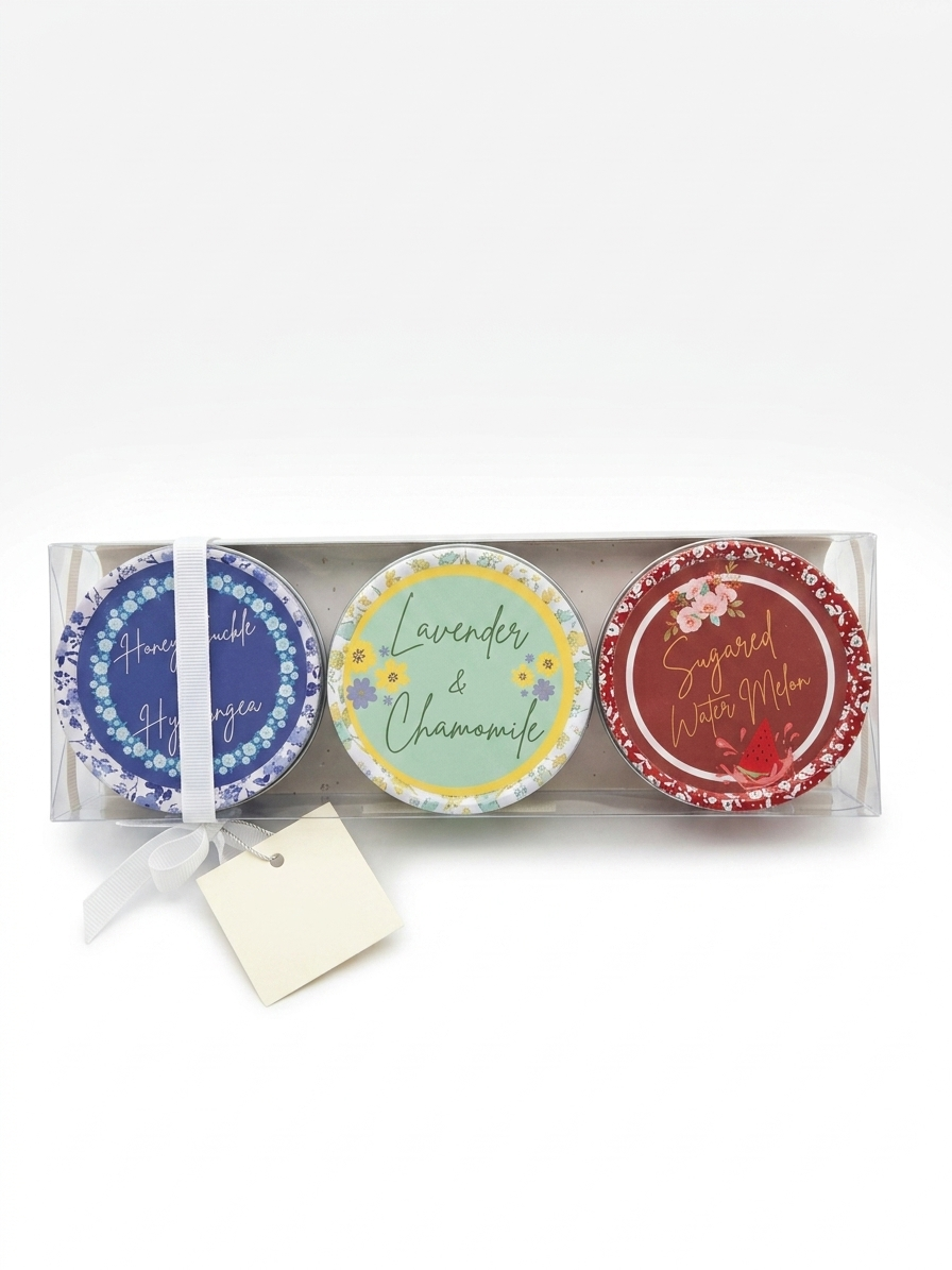 Candle Gift Set Of Three - Honey Suckle & Hydrangea, Lavender & Chamomile and Sugared Watermelon Tinned Candles
