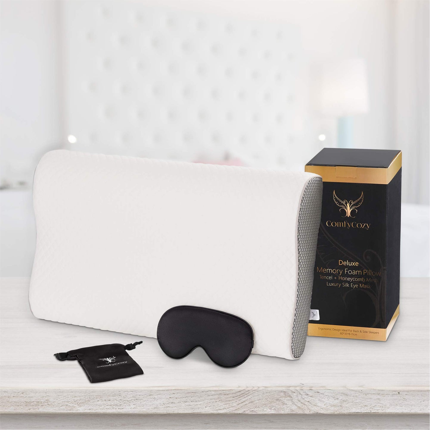 COMFYCOZY DELUXE MEMORY FOAM PILLOW TENCEL AND HONEYCOMB MESH LUXURY EYE MASK SET