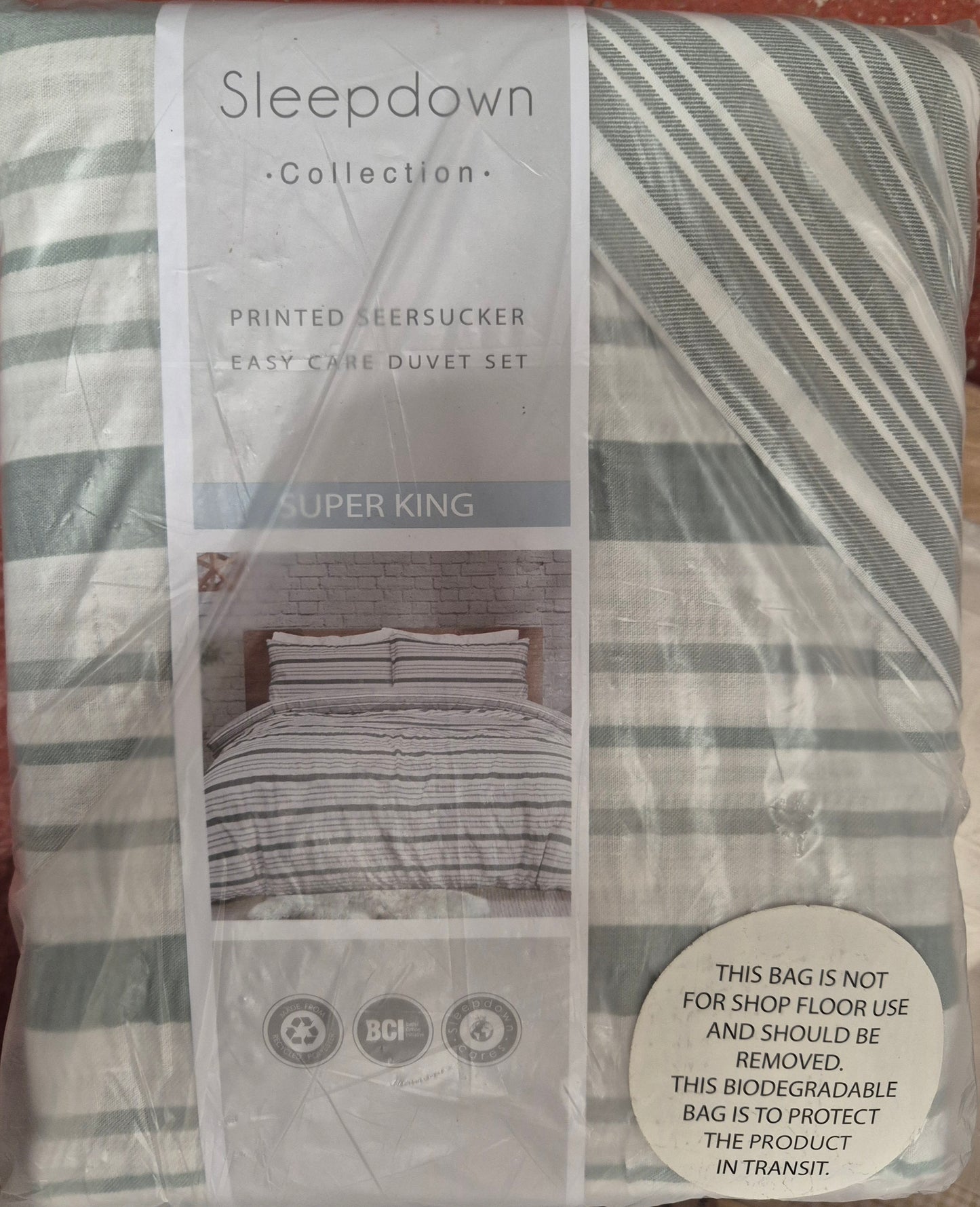Sleepdown Stripe Seersucker Green White Duvet Cover Bedding Set Super King 220cm x 260cm