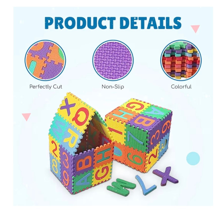 Kids Play Mat 36 Pieces Floor Puzzle Interlocking Tiles for Toddler Children Numbers Alphabet Colorful Interlock flooring - 87cm x 87cm
