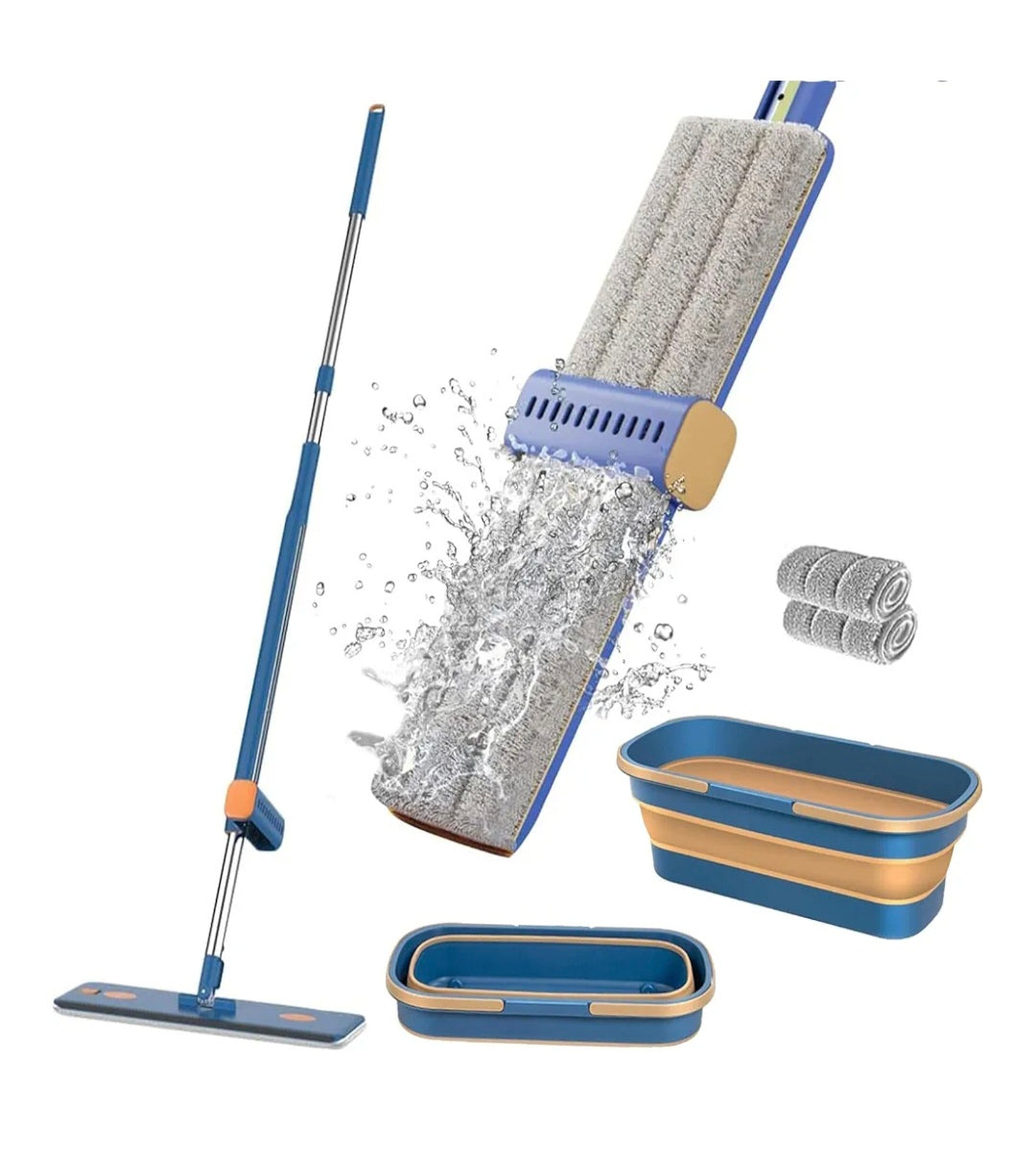 Flat Mop and Buckets Sets,Mops for Cleaning Floors with 2 Microfiber Pads and 138 cm Stainless Steel Handle,Floor Mops with Wringing Function for Cleaning Laminate Tile Marble Hardwood Floors