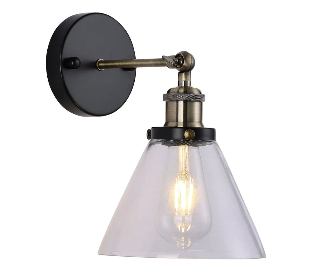 Industrial 1-Light Armed Sconce with Clear Glass Shade