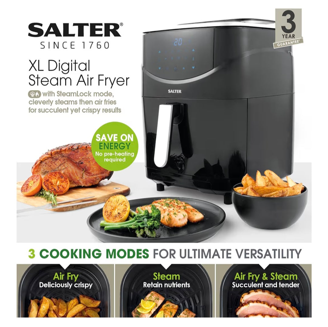 Salter EK5518 XL Digital Steam Air Fryer – Multicooker with 3 Cooking Modes (Air Fry, Steam, SteamLock), Food Steamer, 6.5L Non-Stick Basket, 1L Water Tank, LED Touch Display, 6 Additional Functions