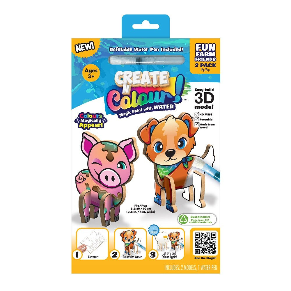 Create 'n' Colour Take Along Fun Farm Friends 2 Pack – Pig & Pup 3D Model Water Painting Kit, Reusable Magic Paint with Water, Mess-Free Craft Set