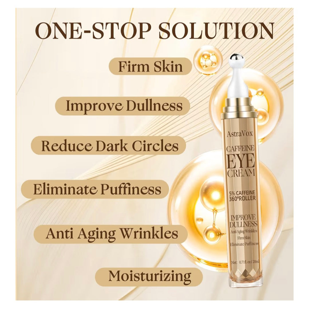 AstraVox Caffeine Eye Cream, 20ml Under Eye Cream for Dark Circles and Puffy Eyes, Reduce Eye Bags and Anti Aging with 360°Massage Ball