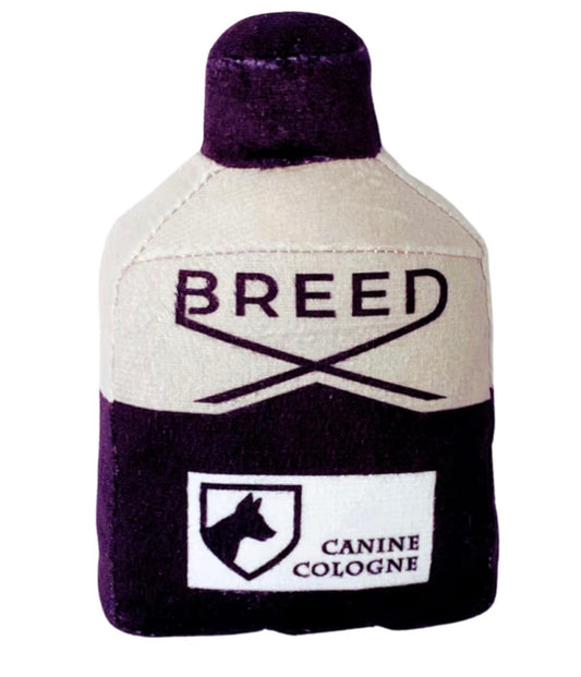 Designer-Inspired Squeaky Pet Toy – Plush Chew Toy (Breed Cologne, Black/Grey