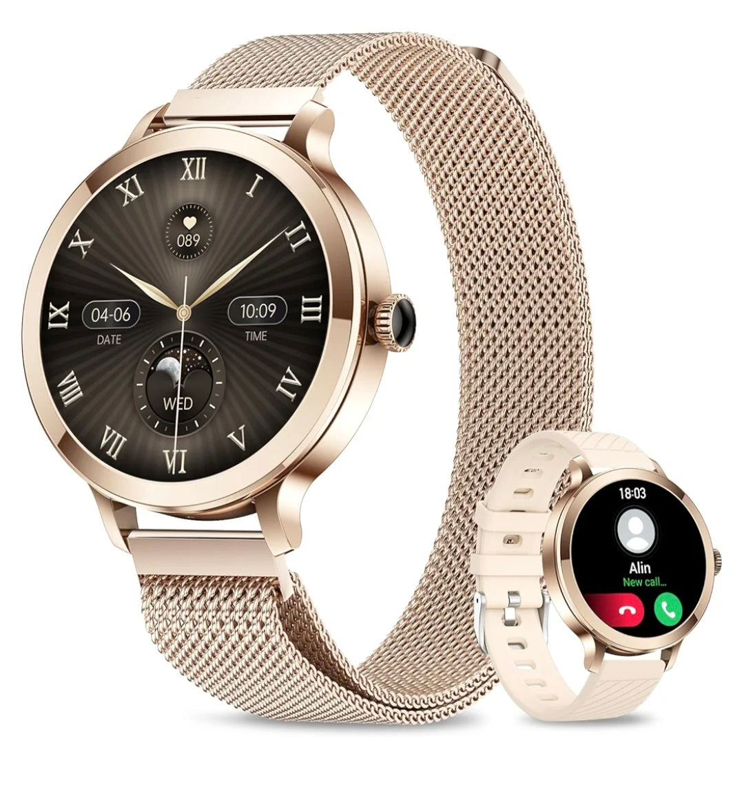 niolina Smart Watches for Women, 1.106" AMOLED Small Screen Smartwatch Answer/Make Call for Android iOS Phones, IP68 Waterproof Fitness Activity Tracker with 100+ Sports, Heart Rate, SpO2, Rose Gold