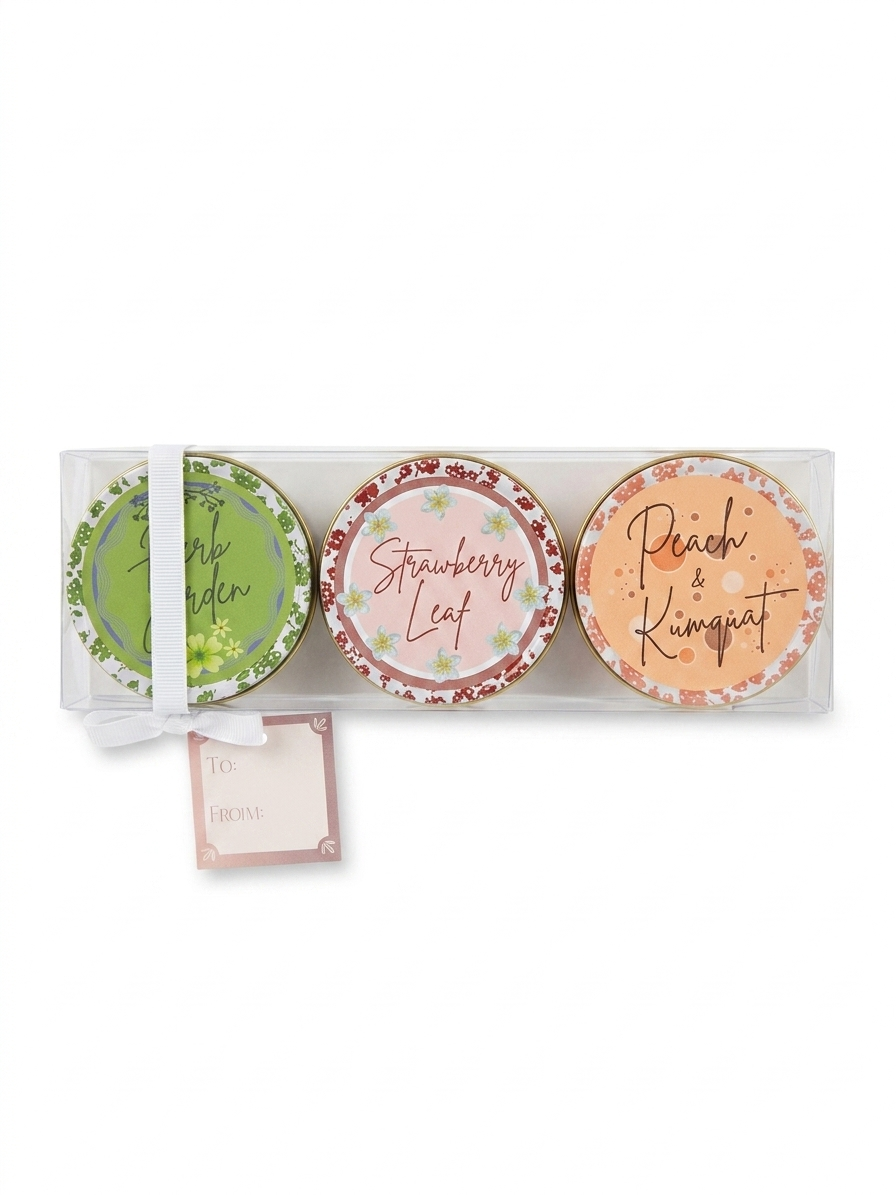 Candle Gift Set Of Three - Herb Garden, Strawberry Leaf, Peach & Kumquat Tinned Candles