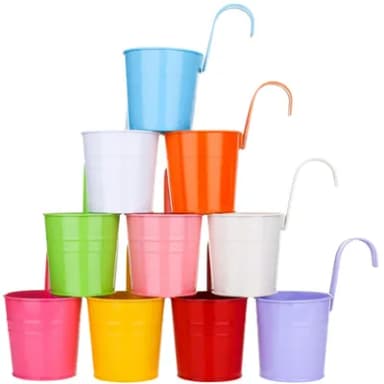KAHEIGN 10Pcs Metal Hanging Flower Pots, 10cm Plant Pots Hanging Flower Bucket with Detachable Hook for Balcony Fence Garden Home Decor (10 Colors)