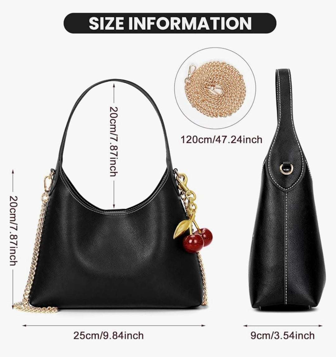 JQWSVE Hobo Purse for Women Trendy Bag Tote Handbag with Cherry & Gold chain